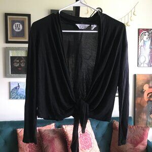 KEREN HART size M Black Viscose Knit Tie Waist Cropped Summer Cardigan